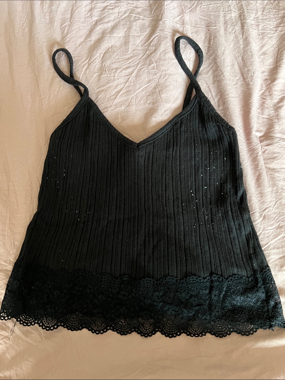Source Unknown Black Ribbed Lace-Hem Camisole